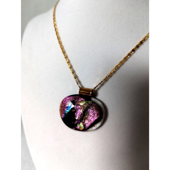 Dichroic fused glass 1 3/8" x 1 1/4" Gold plated chain 20" Brass bail. - Picture 2 of 7
